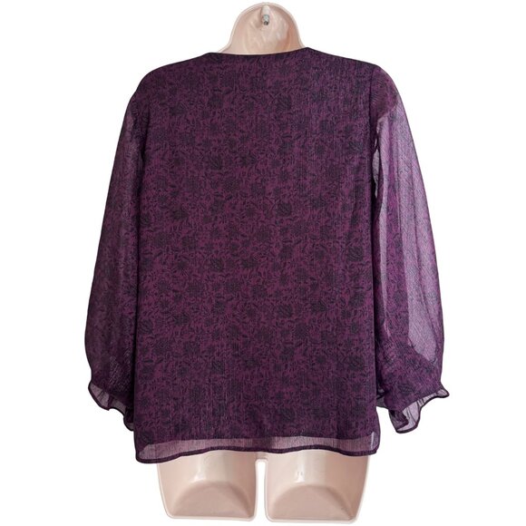 Halogen Metallic Balloon Sleeve Blouse Size XS V Neck Sheer Sleeve NWT Purple - Picture 8 of 14